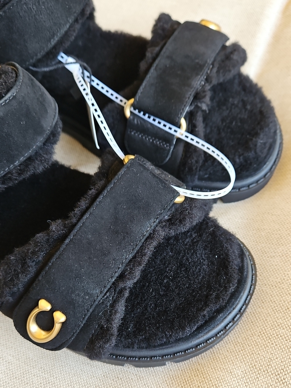 Coach Brynn Sporty Sandal Black Suede Sherling Fur Lined Lug Sole Double Strap - Picture 5 of 9